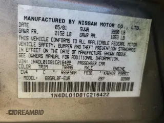 2001 Nissan Altima GXE with VIN 1N4DL01D81C216422, listed as a Copart auction lot 80110604 with 229,248 mi miles and Salvage Title. Bid and sale history available at carsss.com. Image 12.