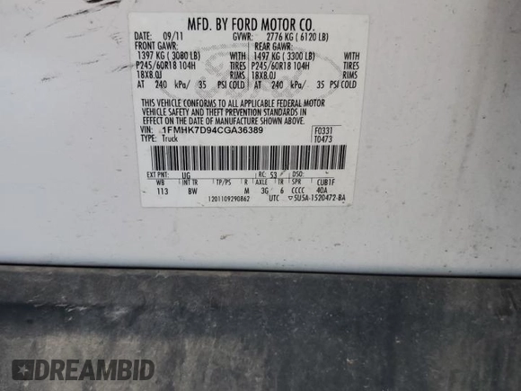 2012 Ford Explorer XLT with VIN 1FMHK7D94CGA36389, listed as a Copart auction lot 63426885 with 259,772 mi miles and Salvage title. Bid and sale history available at DreamBid. Image 12.