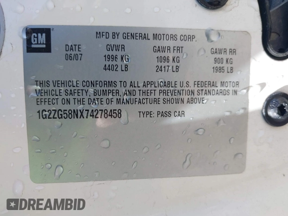 2007 Pontiac G6 G6 with VIN 1G2ZG58NX74278458, listed as a IAAI auction lot 42036078 with 150,493 mi miles and . Bid and sale history available at DreamBid. Image 9.
