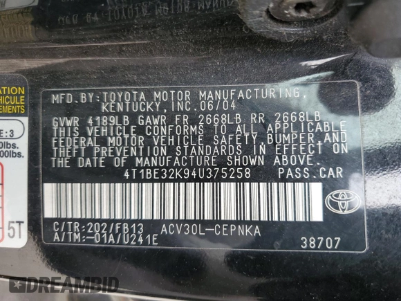 2004 Toyota Camry LE z VIN 4T1BE32K94U375258, wystawiony jako Copart lot #58535115 z przebiegiem 155 746 mil mil oraz Szkoda całkowita • Salvage title. Historia ofert i sprzedaży dostępna na DreamBid. Obrazek 12.