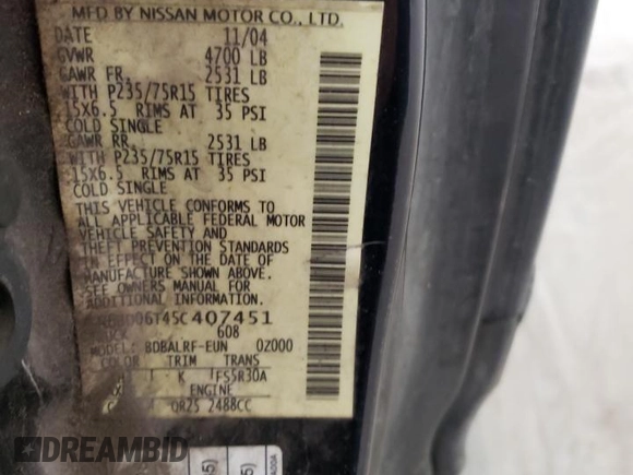 2005 Nissan Frontier XE with VIN 1N6BD06T45C407451, listed as a Copart auction lot 46228515 with 206,536 mi miles and Salvage title. Bid and sale history available at DreamBid. Image 12.