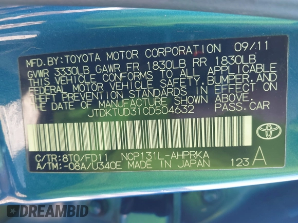 2012 Toyota Yaris L with VIN JTDKTUD31CD504632, listed as a IAAI auction lot 41660676 with 105,789 mi miles. Bid and sale history available at carsss.com. Image 9.