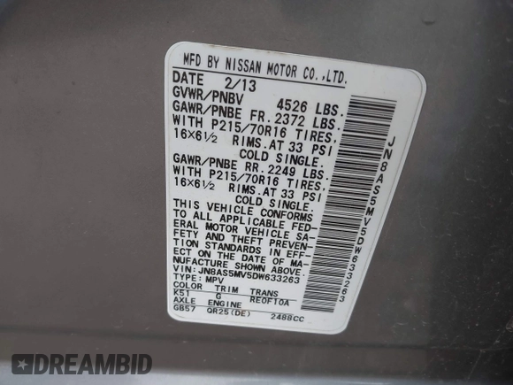 2013 Nissan Rogue SL with VIN JN8AS5MV5DW633263, listed as a IAAI auction lot 41945308 with 168,641 mi miles and . Bid and sale history available at DreamBid. Image 9.