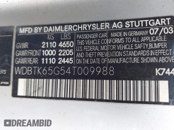 2004 Mercedes-Benz CLK 320 z VIN WDBTK65G54T009988, wystawiony jako IAAI lot #42079933 z przebiegiem Nie podano mil oraz . Historia ofert i sprzedaży dostępna na DreamBid. Obrazek 9.