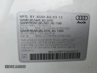 2012 Audi Q5 Premium Plus с VIN WA1LFAFP7CA094537, выставлен на аукционе Copart как лот 57728335 с пробегом 137 367 миль миль и Списание • Salvage title. История ставок и продаж доступна на DreamBid. Изображение 13.