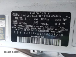 2014 Kia Optima SX Turbo with VIN 5XXGR4A66EG338250, listed as a IAAI auction lot 41583587 with 127,814 mi miles and . Bid and sale history available at DreamBid. Image 9.