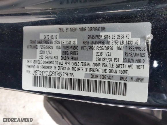 2018 Mazda CX-9 Grand Touring with VIN JM3TCBDY7J0231745, listed as a IAAI auction lot 41257681 with 77,281 mi miles. Bid and sale history available at carsss.com. Image 9.