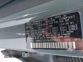 2022 Hyundai Kona SEL with VIN KM8K6CAB1NU828823, listed as a IAAI auction lot 41178743 with 43,755 mi miles and . Bid and sale history available at carsss.com. Image 9.