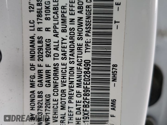 2015 Honda Civic EX z VIN 19XFB2F89FE028490, wystawiony jako Copart lot #59528785 z przebiegiem 98 064 mil mil oraz Szkoda całkowita • Salvage title. Historia ofert i sprzedaży dostępna na DreamBid. Obrazek 12.