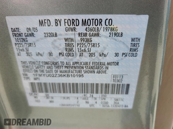 2006 Ford Escape XLS z VIN 1FMYU02Z36KB10195, wystawiony jako Copart lot #53108415 z przebiegiem Nie podano mil oraz Szkoda całkowita • Salvage title. Historia ofert i sprzedaży dostępna na DreamBid. Obrazek 15.