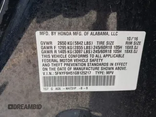 2016 Honda Pilot EX-L z VIN 5FNYF6H51GB125217, wystawiony jako IAAI lot #41993736 z przebiegiem 113 267 mil mil oraz . Historia ofert i sprzedaży dostępna na DreamBid. Obrazek 9.