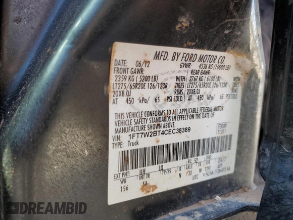 2012 Ford F-250 XL with VIN 1FT7W2BT4CEC38389, listed as a Copart auction lot 56659605 with Not provided miles and Salvage title. Bid and sale history available at DreamBid. Image 12.