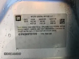 2015 Chevrolet Cruze LS z VIN 1G1PA5SH3F7217319, wystawiony jako Copart lot #48901504 z przebiegiem 133 266 mil mil oraz Szkoda całkowita • Salvage title. Historia ofert i sprzedaży dostępna na DreamBid. Obrazek 12.