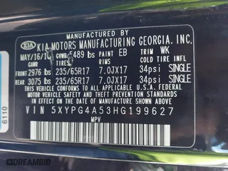 2017 Kia Sorento LX V6 with VIN 5XYPG4A53HG199627, listed as a IAAI auction lot 41199694 with 90,155 mi miles. Bid and sale history available at carsss.com. Image 9.