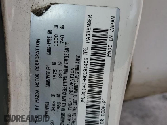 1998 Mazda Protege DX z VIN JM1BC1416W0194406, wystawiony jako Copart lot #44535955 z przebiegiem 312 942 mil mil oraz Szkoda całkowita • Salvage title. Historia ofert i sprzedaży dostępna na DreamBid. Obrazek 12.