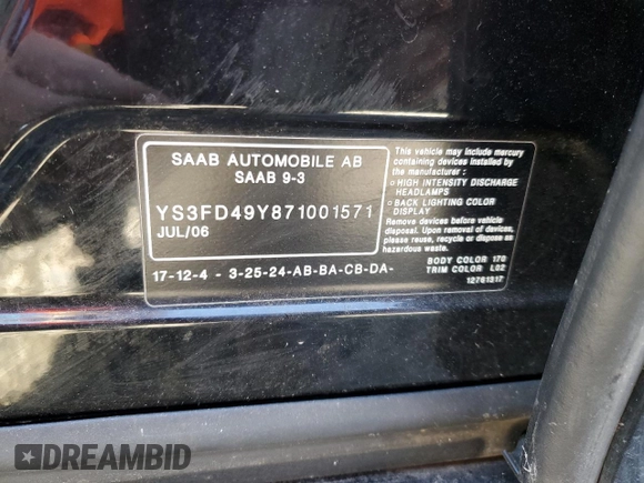 2007 Saab 9-3 z VIN YS3FD49Y871001571, wystawiony jako Copart lot #43626855 z przebiegiem 140 641 mil mil oraz Szkody całkowita. Historia ofert i sprzedaży dostępna na DreamBid. Obrazek 12.