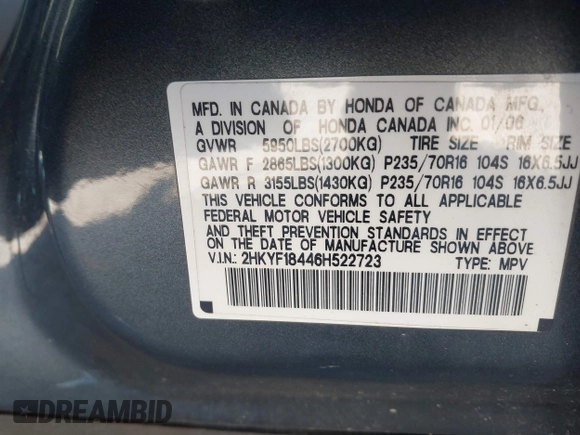 2006 Honda Pilot EX with VIN 2HKYF18446H522723, listed as a IAAI auction lot 42144216 with 159,564 mi miles and . Bid and sale history available at DreamBid. Image 9.