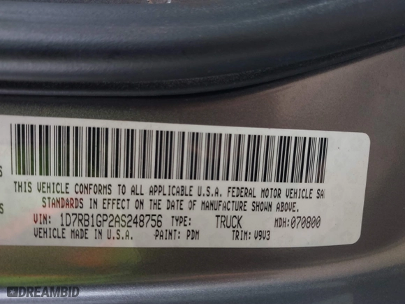 2010 Dodge Ram 1500 ST with VIN 1D7RB1GP2AS248756, listed as a IAAI auction lot 41478178 with 268,353 mi miles. Bid and sale history available at carsss.com. Image 9.