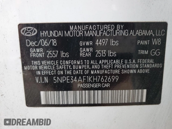 2019 Hyundai Sonata SEL with VIN 5NPE34AF1KH762699, listed as a Copart auction lot 49857895 with Not Provided miles and Non Repairable. Bid and sale history available at DreamBid. Image 12.