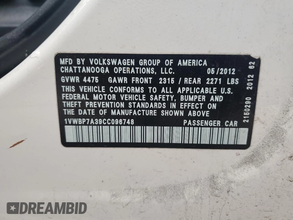2012 Volkswagen Passat SE с VIN 1VWBP7A39CC096748, выставлен на аукционе Copart как лот 58834415 с пробегом 189 119 миль миль и На запчасти • Non repairable. История ставок и продаж доступна на DreamBid. Изображение 12.
