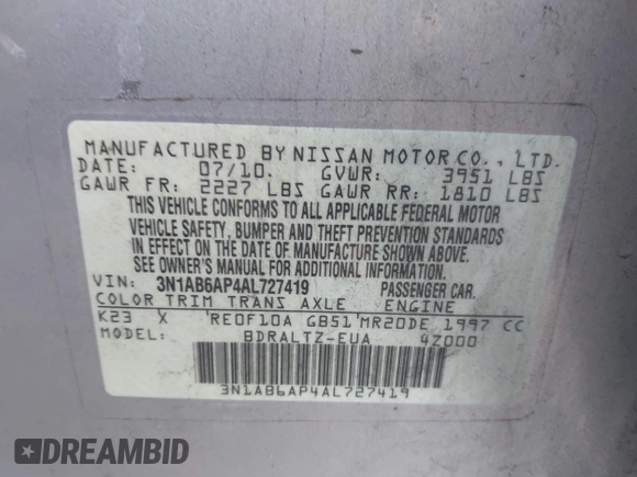 2010 Nissan Sentra S with VIN 3N1AB6AP4AL727419, listed as a IAAI auction lot 40989301 with 169,415 mi miles and . Bid and sale history available at DreamBid. Image 9.