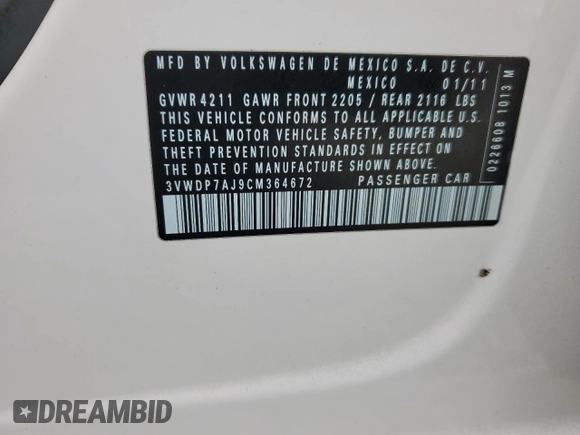 2012 Volkswagen Jetta SE with VIN 3VWDP7AJ9CM364672, listed as a Copart auction lot 61309775 with 124,965 mi miles and Salvage title. Bid and sale history available at DreamBid. Image 13.