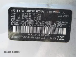2023 Mitsubishi Mirage Black Edition with VIN ML32AWHJXPH004674, listed as a IAAI auction lot 42231841 with 19,978 mi miles and . Bid and sale history available at DreamBid. Image 9.