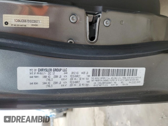 2013 Jeep Compass Sport with VIN 1C4NJCBB7DD230071, listed as a Copart auction lot 48195765 with 162,029 mi miles and Salvage Title. Bid and sale history available at carsss.com. Image 15.