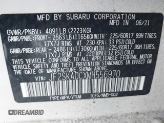 2021 Subaru Forester with VIN JF2SKADCXMH556970, listed as a IAAI auction lot 41266365 with 86,006 mi miles. Bid and sale history available at carsss.com. Image 9.