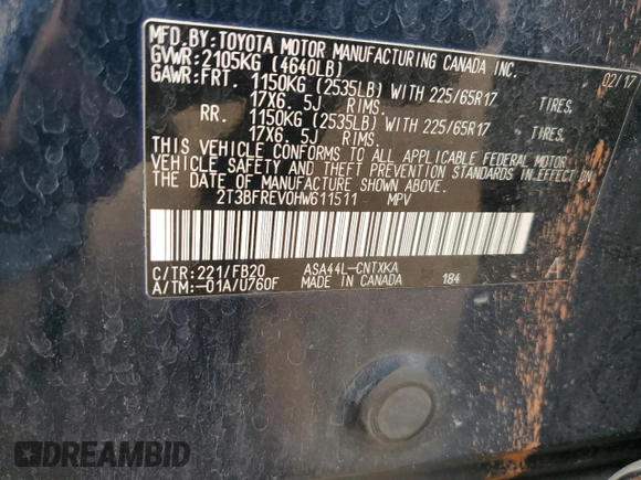 2017 Toyota RAV4 LE с VIN 2T3BFREV0HW611511, выставлен на аукционе Copart как лот 57790345 с пробегом 188 485 миль миль и Списание • Salvage title. История ставок и продаж доступна на DreamBid. Изображение 14.