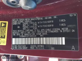 2015 Toyota Highlander LE with VIN 5TDBKRFH2FS095526, listed as a IAAI auction lot 41396935 with 134,624 mi miles. Bid and sale history available at carsss.com. Image 9.