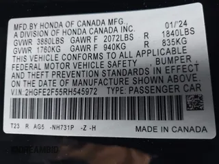 2024 Honda Civic Sedan Sport with VIN 2HGFE2F55RH545972, listed as a IAAI auction lot 41791724 with 7,736 mi miles. Bid and sale history available at carsss.com. Image 9.