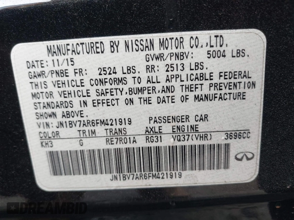 2015 Infiniti Q50 with VIN JN1BV7AR6FM421919, listed as a IAAI auction lot 41078899 with 172,459 mi miles and . Bid and sale history available at carsss.com. Image 9.