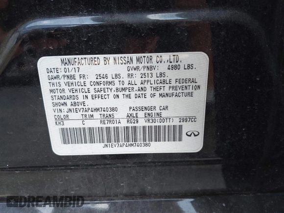 2017 Infiniti Q50 Premium with VIN JN1EV7AP4HM740380, listed as a IAAI auction lot 42593516 with 101,563 mi miles and . Bid and sale history available at DreamBid. Image 9.