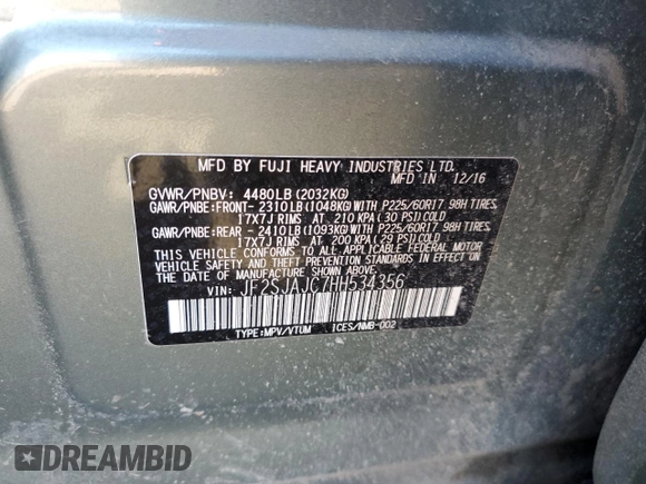 2017 Subaru Forester Limited with VIN JF2SJAJC7HH534356, listed as a Copart auction lot 43217013 with 0 mi miles. Bid and sale history available at carsss.com. Image 15.