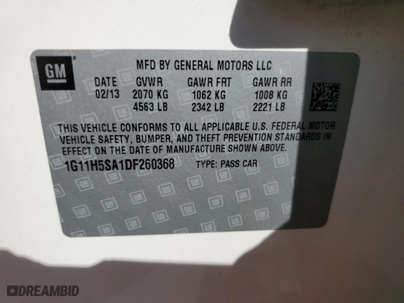2013 Chevrolet Malibu LTZ with VIN 1G11H5SA1DF260368, listed as a Copart auction lot 50585225 with 125,255 mi miles and Salvage Title. Bid and sale history available at carsss.com. Image 12.