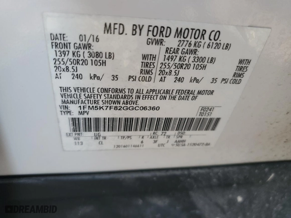 2016 Ford Explorer Limited with VIN 1FM5K7F82GGC06360, listed as a Copart auction lot 44292445 with 110,576 mi miles and Salvage Title. Bid and sale history available at carsss.com. Image 13.