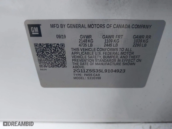2020 Chevrolet Impala LT with VIN 2G11Z5S35L9104923, listed as a IAAI auction lot 41215185 with 97,561 mi miles. Bid and sale history available at carsss.com. Image 9.