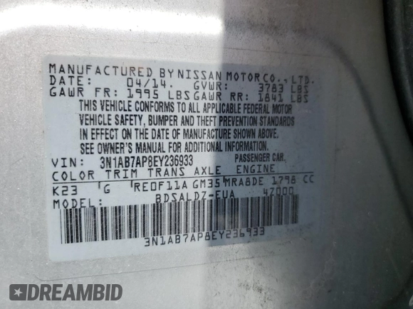 2014 Nissan Sentra SV with VIN 3N1AB7AP8EY236933, listed as a Copart auction lot 61652655 with 150,479 mi miles and Salvage title. Bid and sale history available at DreamBid. Image 13.