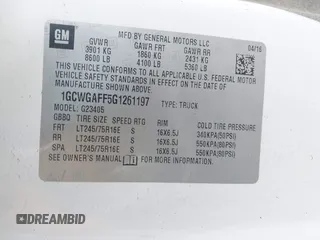 2016 Chevrolet Express Cargo with VIN 1GCWGAFF5G1261197, listed as a IAAI auction lot 42128029 with 117,535 mi miles and . Bid and sale history available at DreamBid. Image 9.