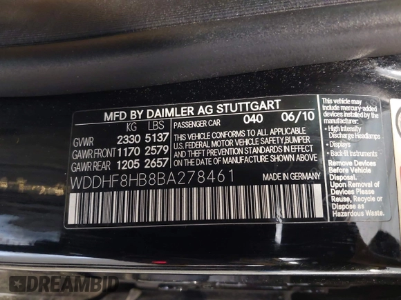 2011 Mercedes-Benz E 350 Luxury with VIN WDDHF8HB8BA278461, listed as a IAAI auction lot 42549089 with 130,765 mi miles and . Bid and sale history available at DreamBid. Image 9.
