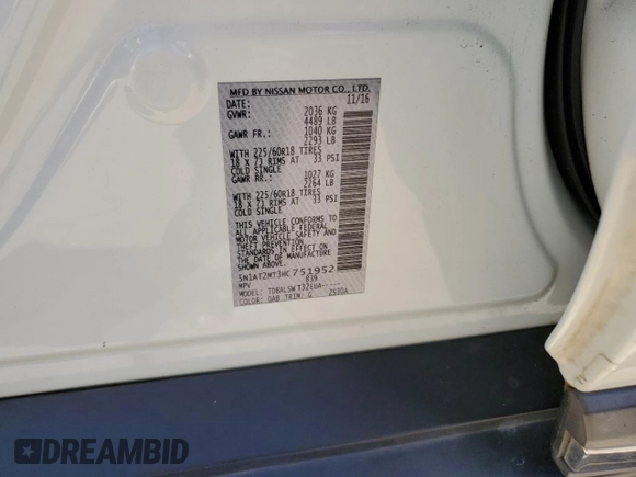 2017 Nissan Rogue SL with VIN 5N1AT2MT3HC751952, listed as a Copart auction lot 60842915 with 75,606 mi miles and Salvage title. Bid and sale history available at DreamBid. Image 13.