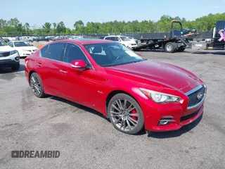 2017 Infiniti Q50 Red Sport 400 with VIN JN1FV7AR3HM870642, listed as a IAAI auction lot 42070635 with 163,848 mi miles. Bid and sale history available at carsss.com. Image 1.