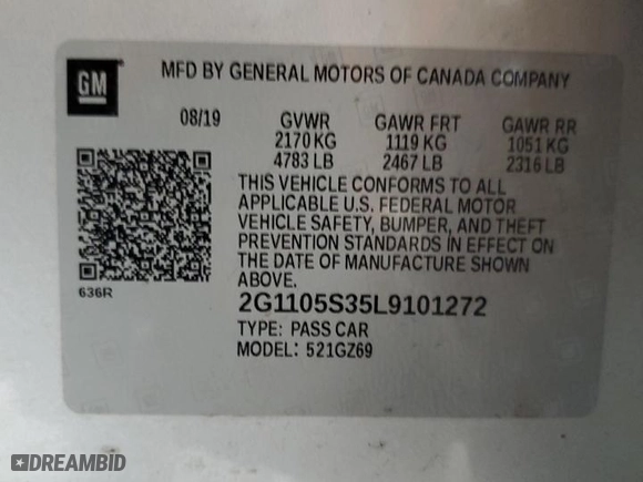2020 Chevrolet Impala Premier with VIN 2G1105S35L9101272, listed as a Copart auction lot 48362595 with 55,618 mi miles and Salvage Title. Bid and sale history available at carsss.com. Image 12.