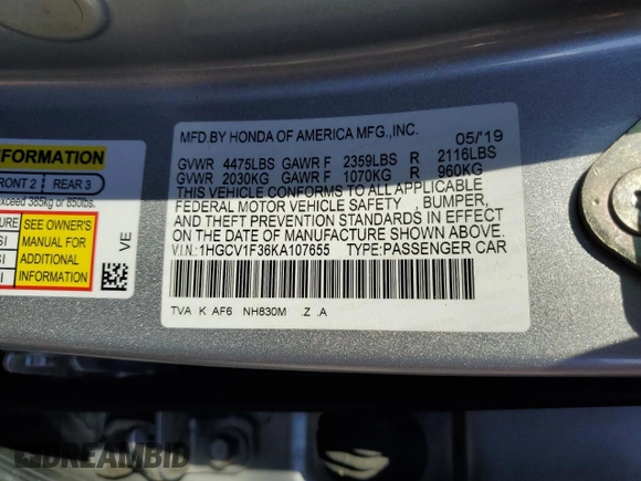 2019 Honda Accord Sport with VIN 1HGCV1F36KA107655, listed as a Copart auction lot 50586345 with 109,512 mi miles and Salvage Title. Bid and sale history available at carsss.com. Image 13.