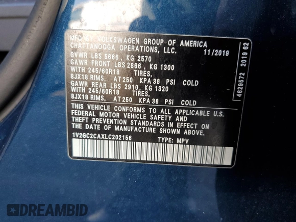 2020 Volkswagen Atlas S z VIN 1V2GC2CAXLC202156, wystawiony jako Copart lot #44464525 z przebiegiem 56 858 mil mil oraz Szkoda całkowita • Salvage title. Historia ofert i sprzedaży dostępna na DreamBid. Obrazek 14.