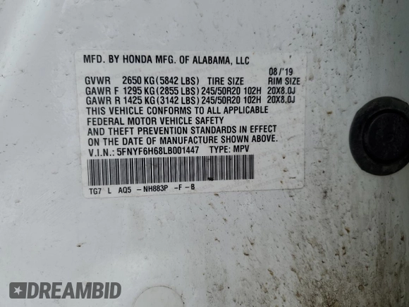 2020 Honda Pilot Touring 7-Passenger z VIN 5FNYF6H68LB001447, wystawiony jako Copart lot #46293255 z przebiegiem 273 940 mil mil oraz Szkoda całkowita • Salvage title. Historia ofert i sprzedaży dostępna na DreamBid. Obrazek 13.