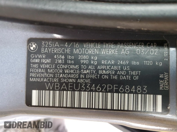 2002 BMW 3 Series 325xi with VIN WBAEU33462PF68483, listed as a Copart auction lot 82304824 with 179,275 mi miles and Salvage title. Bid and sale history available at DreamBid. Image 12.