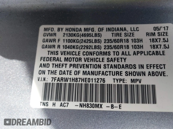 2017 Honda CR-V EX-L with VIN 7FARW1H87HE011276, listed as a IAAI auction lot 41692286 with 91,850 mi miles. Bid and sale history available at carsss.com. Image 9.
