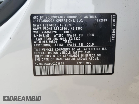2020 Volkswagen Atlas SE with VIN 1V26C2CA9LC203648, listed as a Copart auction lot 63848285 with 45,352 mi miles and Salvage title. Bid and sale history available at DreamBid. Image 14.